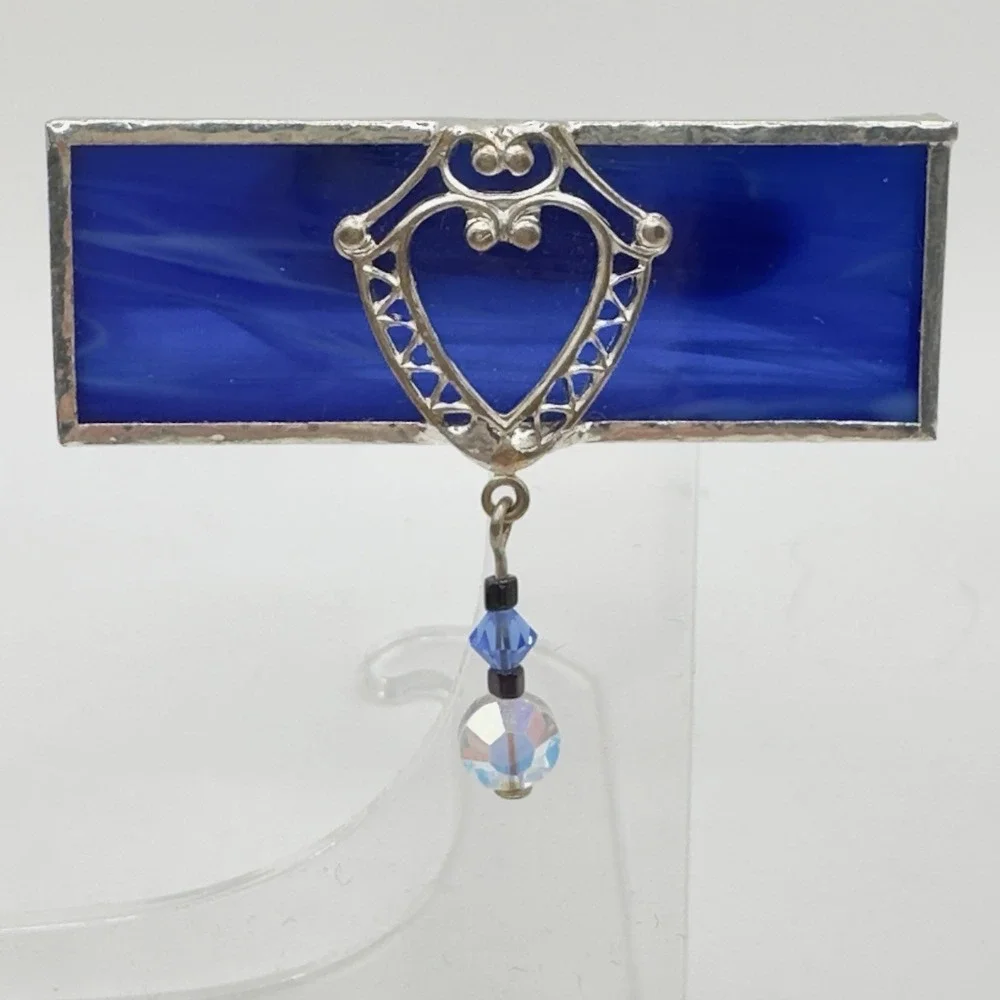 Artisan Stained Glass Brooch Victorian Style Blue & Silver Tone Dangle Pin 2